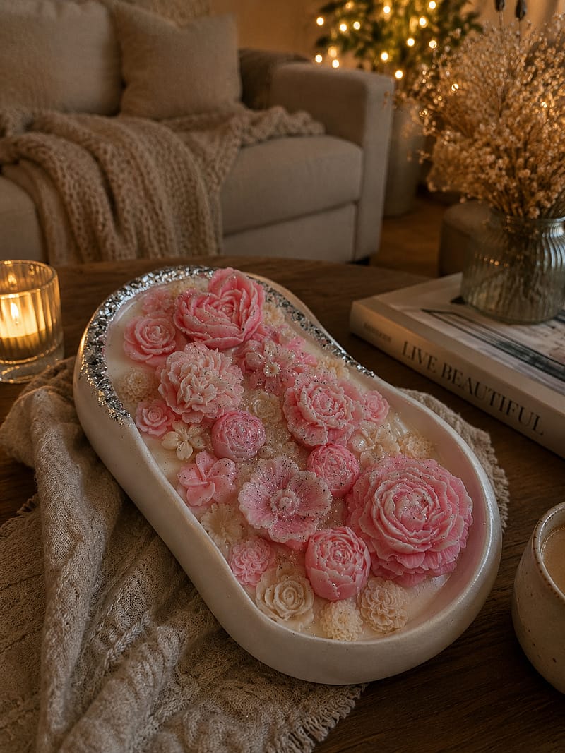 Kerzen Handgemachte Gips-Kerze mit Olivenwachs und rosa Sojawachs-Blumen im warmen Cozy-Interieur