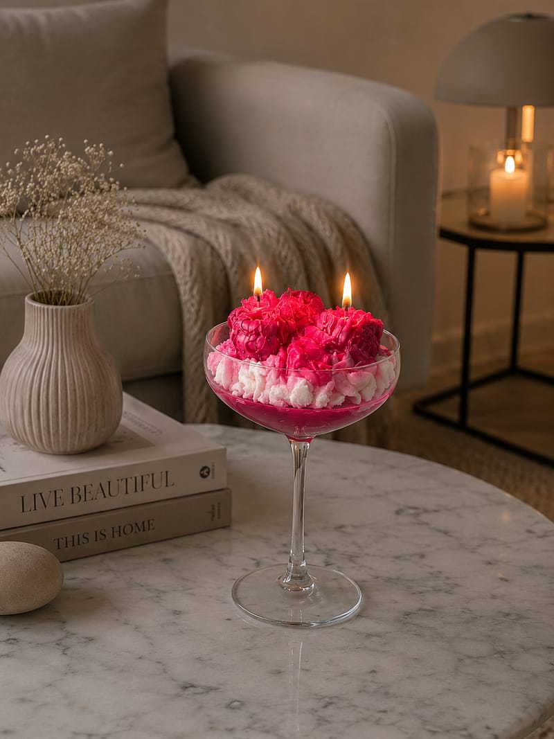 home Pink Dessert Candle in Cocktail Glass with Raspberry Lemon Scent
