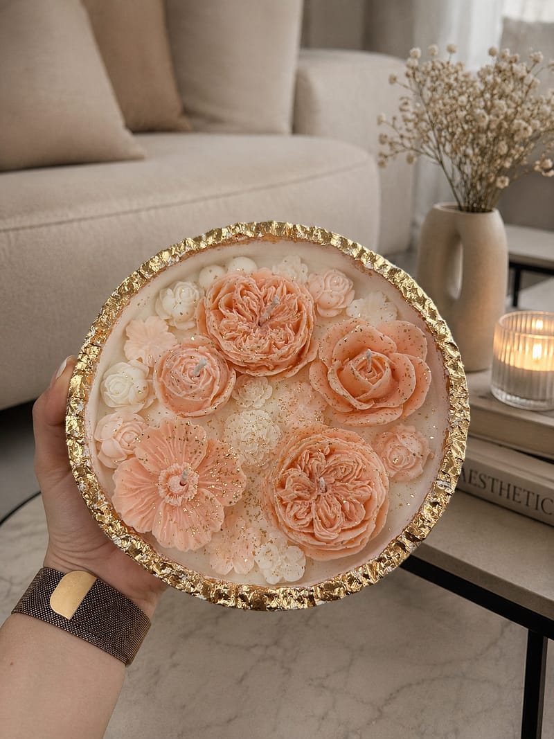 home Blush Golden Bloom handgemachte Gipskerze mit Olivenwachs und Sojawachsblumen in weiß-gold