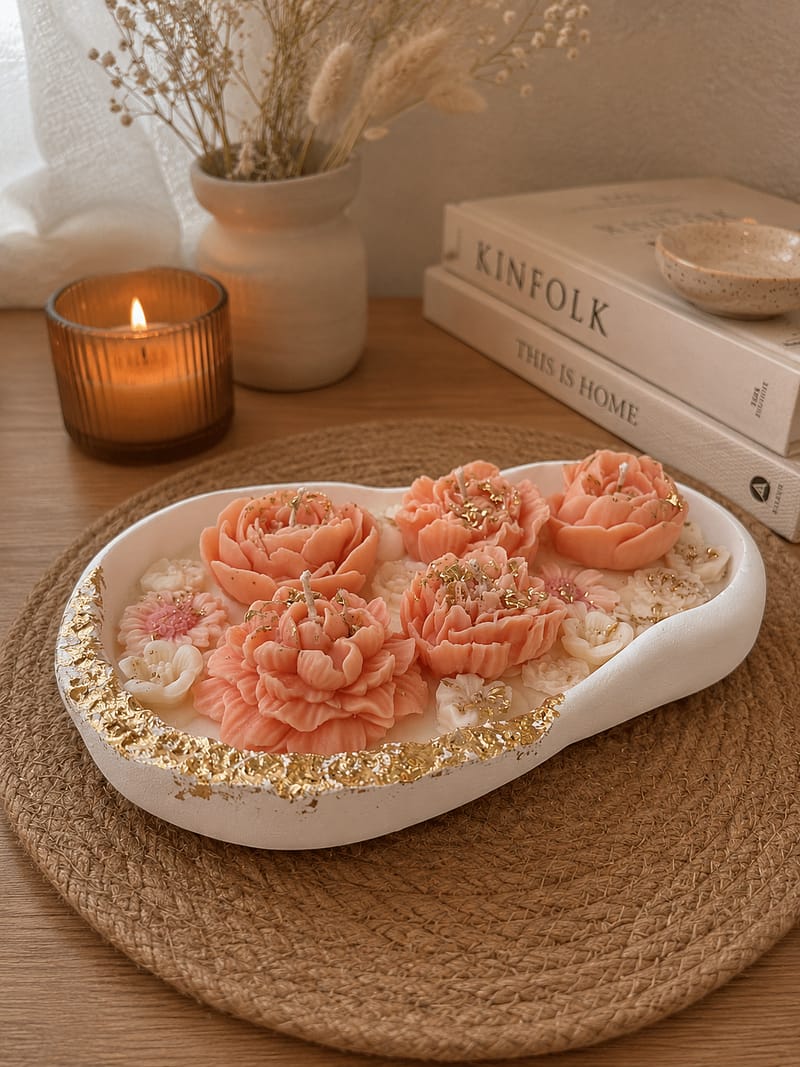 Kerzen Handgemachte Interior-Kerze mit Wachsblumen auf Holztisch in gemütlichem minimalistischen Ambiente