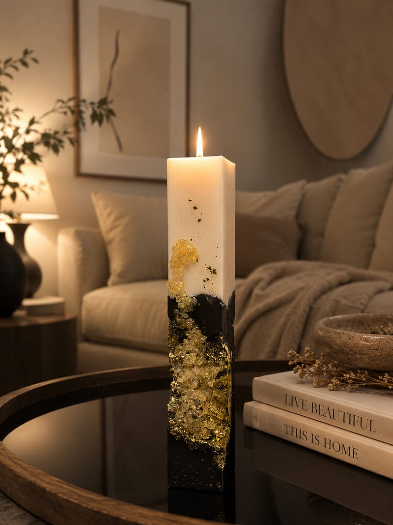 Kerzen Modern Handmade Crystal Candle with Gold Details on Minimalist Table