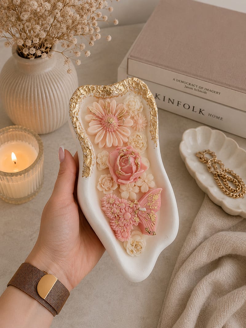 Kerzen Luxuriöse Gips Kerze mit rosa Blumen und goldenen Akzenten im modernen Dekostil