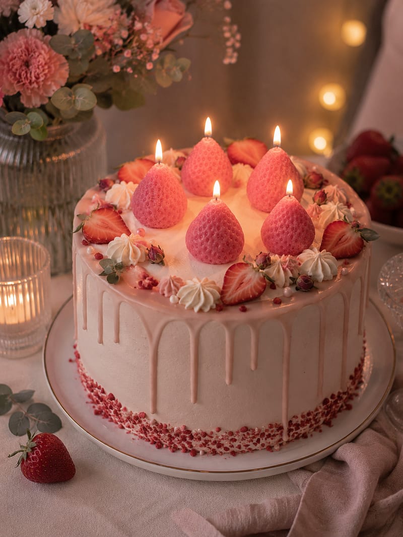 Handgemachte Erdbeer-Kerzen als kreative Tortendekoration auf einer festlich dekorierten Torte.