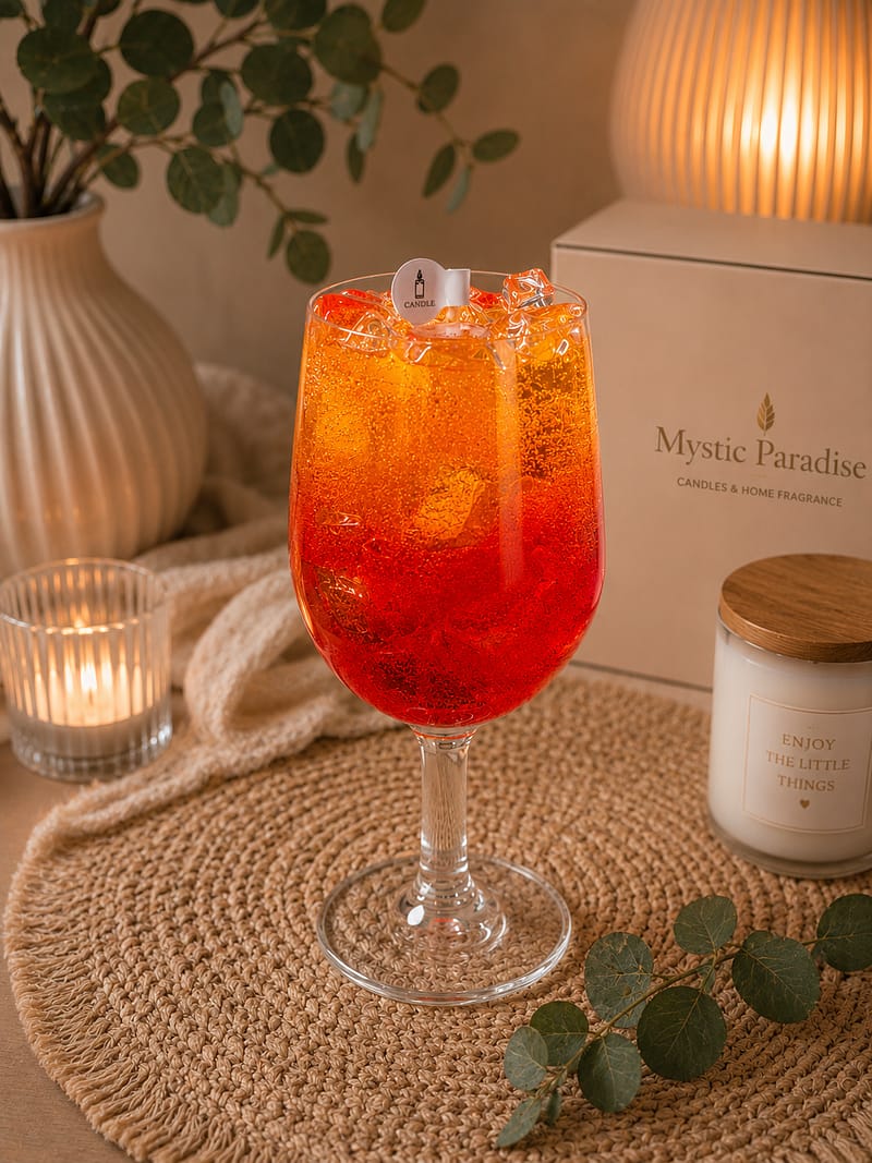 Brennende Aperol Spritz Duftkerze aus transparentem Gelwachs mit Eiswürfel-Effekt im Weinglas.
