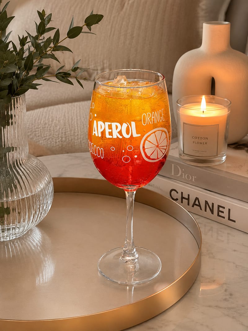 home Dekorative Aperol Spritz Cocktailkerze im Weinglas mit Rot-Orange-Gelb Farbverlauf und Grapefruit-Minze Duft.